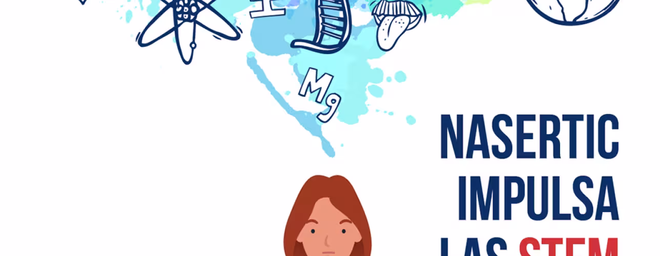 Cartel del día internacional de la mujer y la niña en la ciencia creado por NASERTIC, donde se ve una chica de la cual le salen de la cabeza multitud de iconos científicos