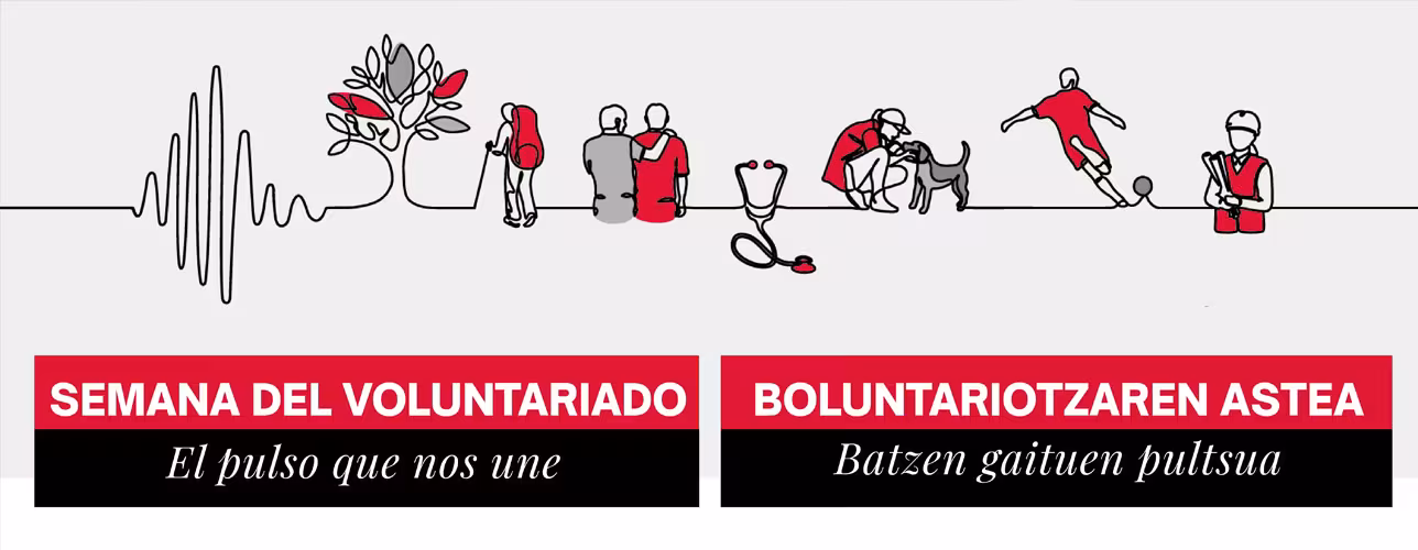 Cartel de la Semana del Voluntariado con ilustraciones de actividades solidarias unidas por una línea con forma de pulso y el lema “El pulso que nos une”.